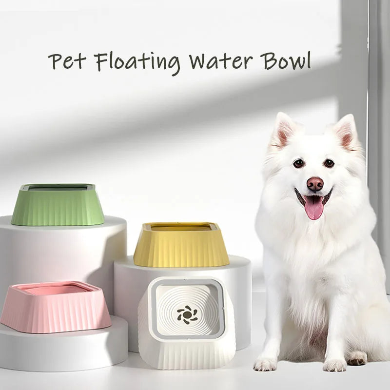 White dog sitting next to a pet floating water bowl with colorful options on a white background