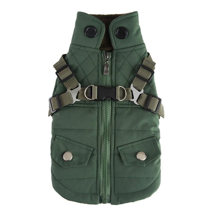Green dog vest with harness on a white background