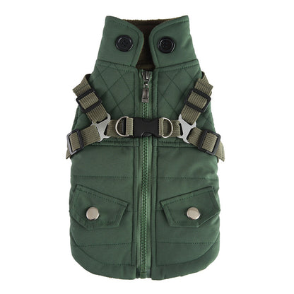 Green dog vest with harness on a white background