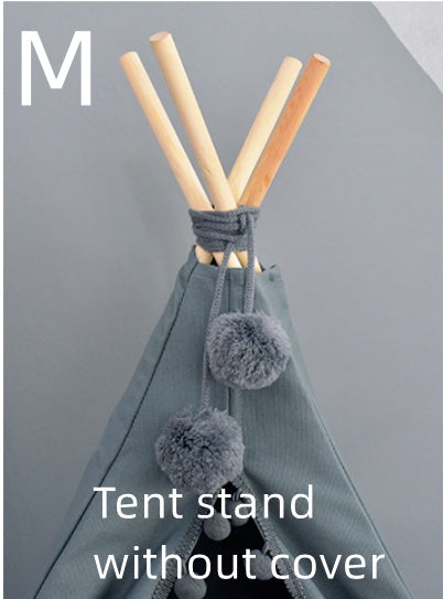 Tent stand without cover with wooden sticks and gray fabric, on a plain background.