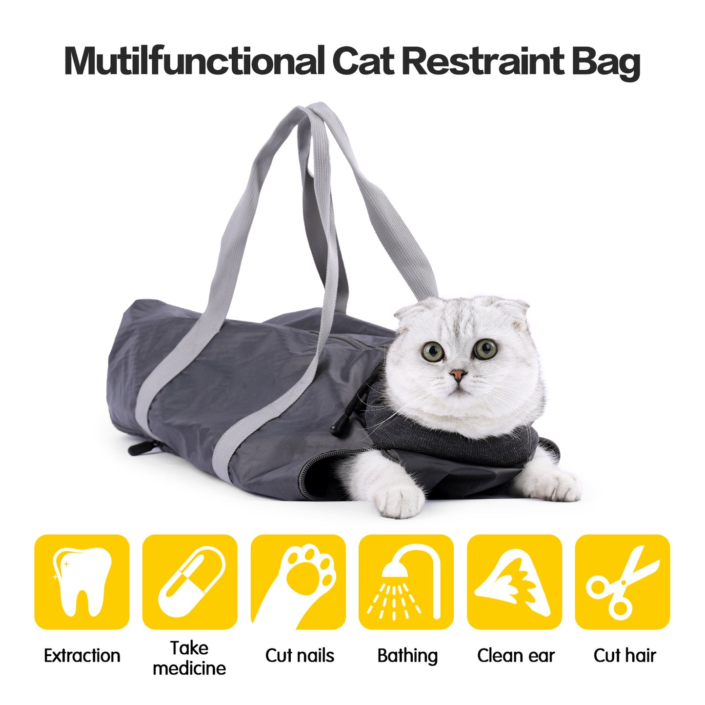 Multifunctional cat restraint bag with a cat inside on a white background