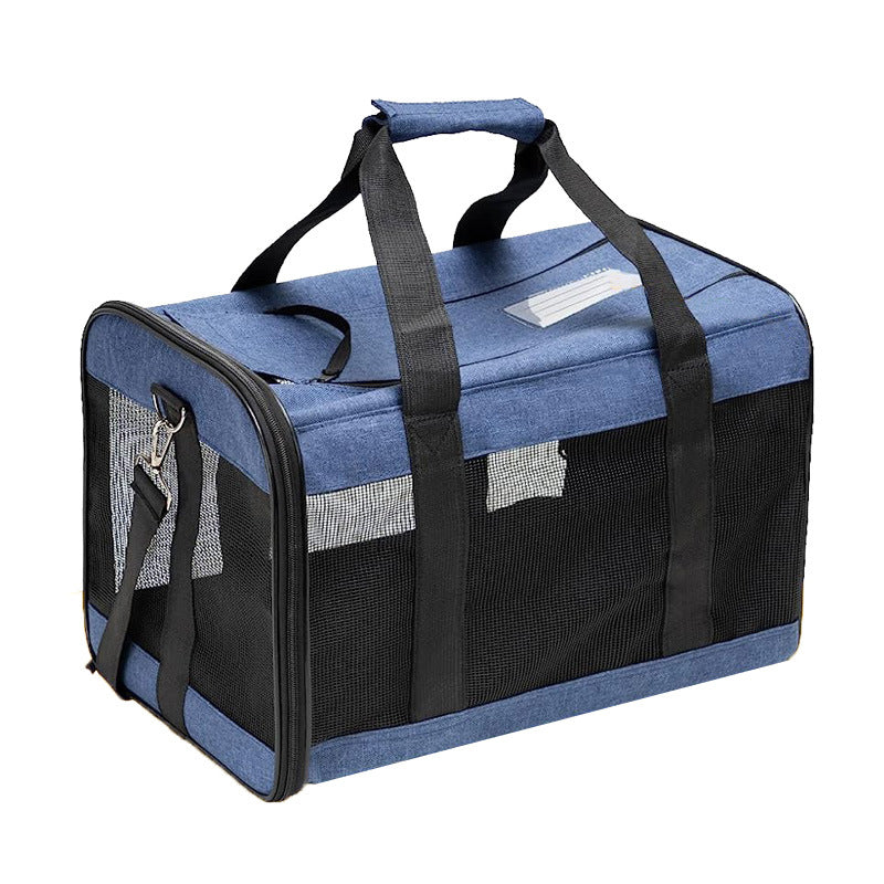 Blue pet carrier with black straps on a white background