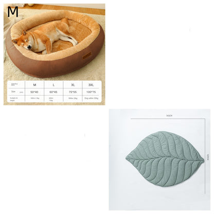 Dog lying in a brown pet bed with size chart, and a green leaf-shaped mat on a white background.