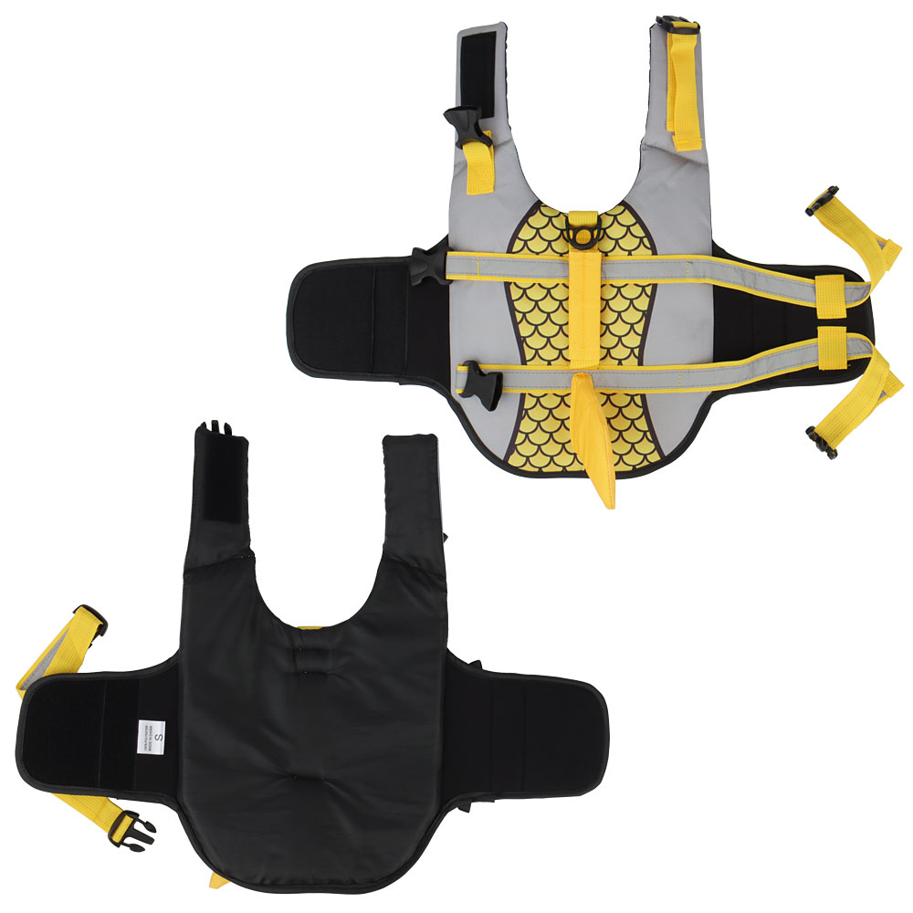 Black and gray protective vest with yellow accents on a white background