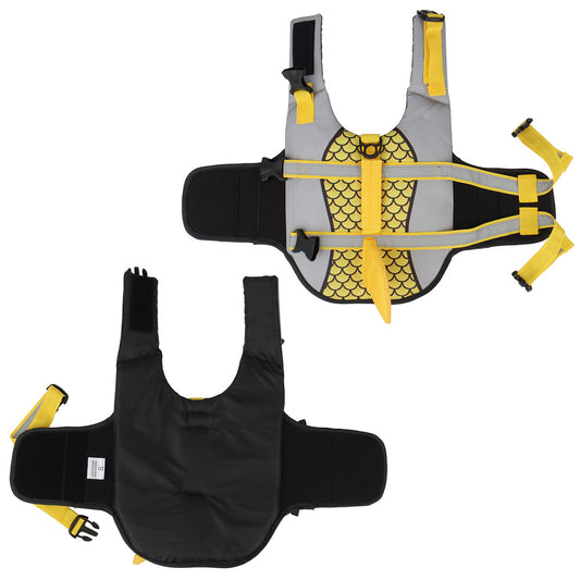 Black and gray protective vest with yellow accents on a white background