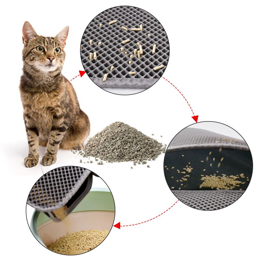 Cat sitting next to cat litter with close-ups of the product and a scoop.
