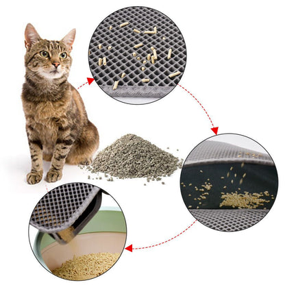 Cat sitting next to cat litter with close-ups of the product and a scoop.