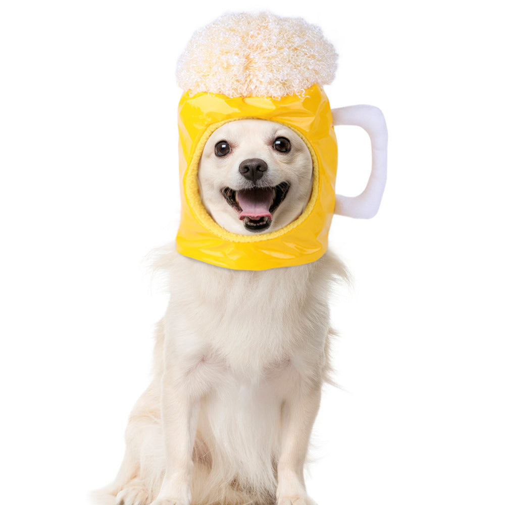 Dog wearing a beer mug costume with foam on a white background