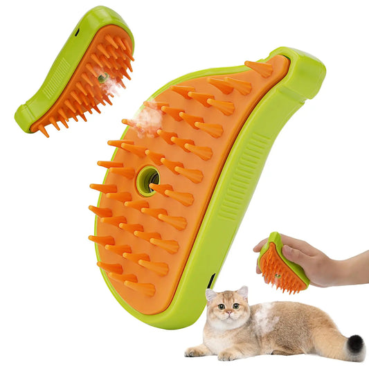 Pet grooming brush with orange bristles and green handle, showing use on a cat.