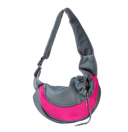 Gray and pink pet sling on a white background