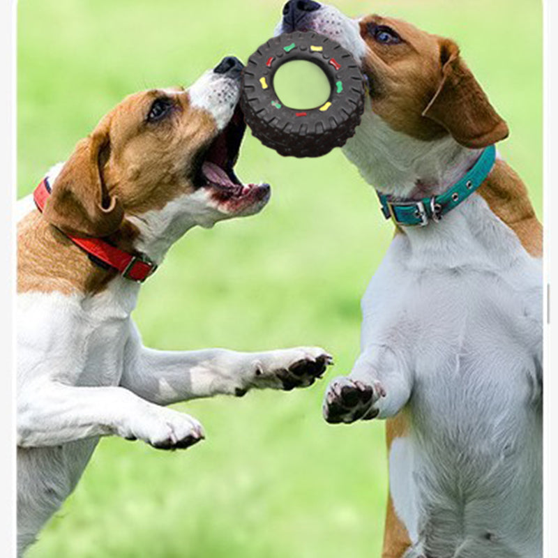 Two dogs playing with a toy outdoors on a grassy background