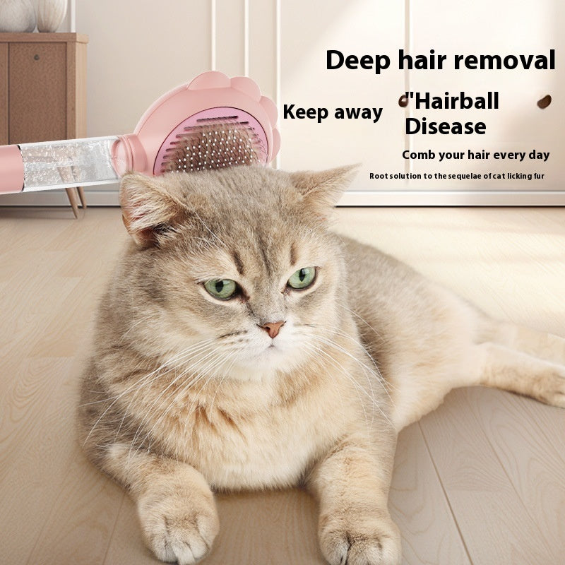Cat with a grooming tool on its head, text about deep hair removal and hairball disease.