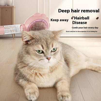 Cat with a grooming tool on its head, text about deep hair removal and hairball disease.
