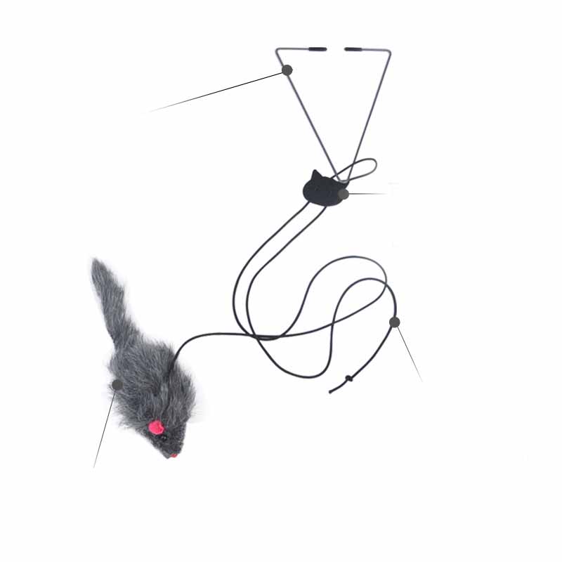 Cat toy with a gray mouse and black cat-shaped top on a white background