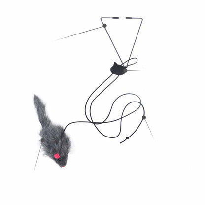 Cat toy with a gray mouse and black cat-shaped top on a white background