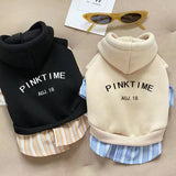 Two pet hoodies, one black and one beige, with 'PINKTIME' text on a neutral background.