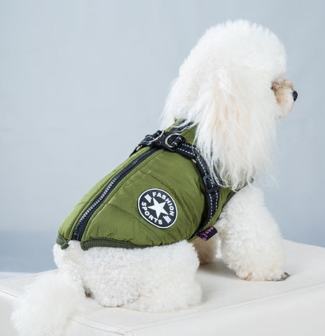 Small white dog wearing a green jacket with a brand logo on a light gray background