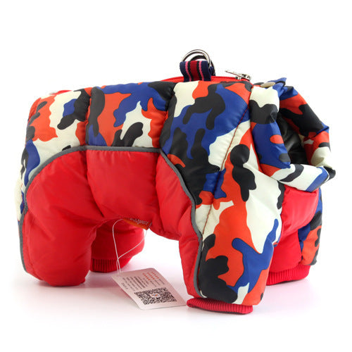 Colorful camouflage dog coat with a tag on a white background