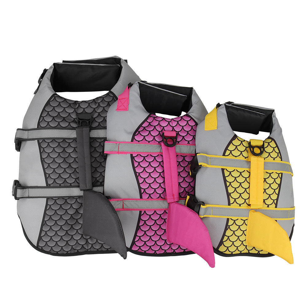 Three colorful life vests with different patterns on a white background