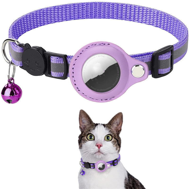 Purple Reflective Waterproof AirTag Collar for Cats & Dogs and cat wearing the collar