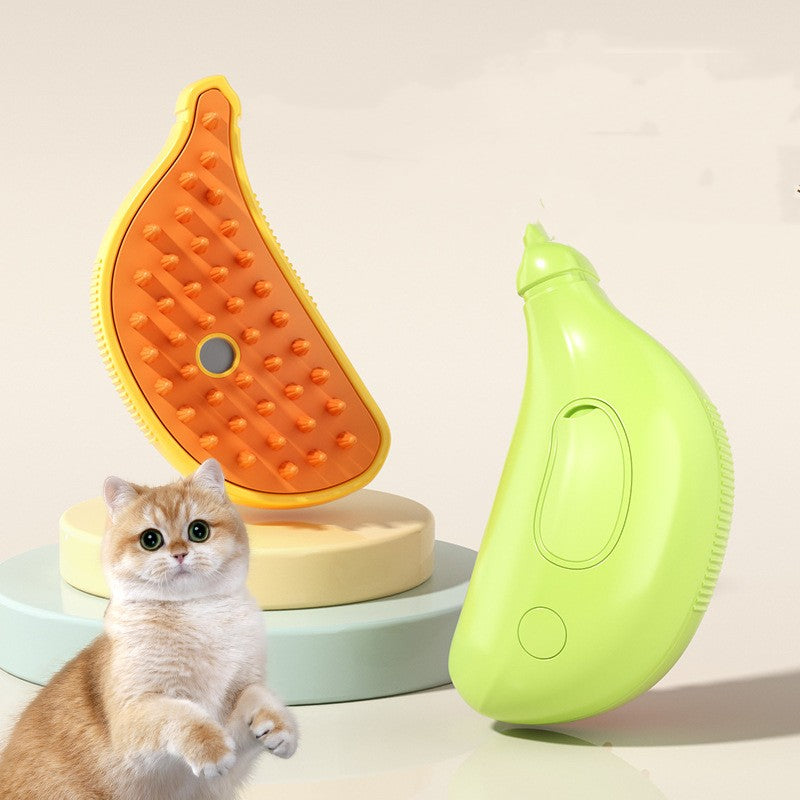 Cat with grooming tools including a orange and yellow brush and a green bottle on a light background