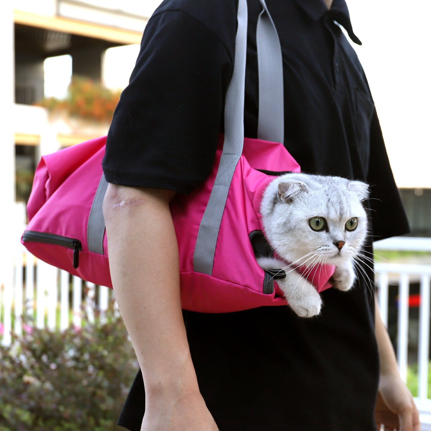 Person carrying a pink pet carrier with a white cat peeking out outdoors.
