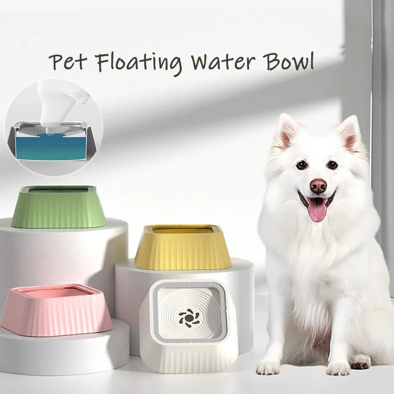 Pet Floating Water Bowl with a dog sitting next to it on a white background