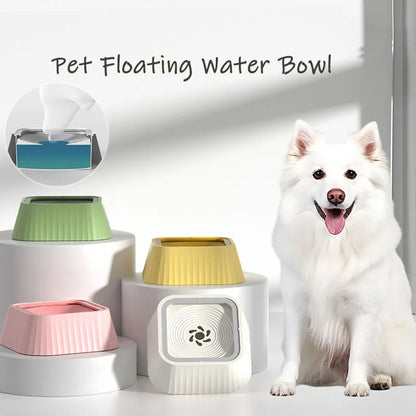 Pet Floating Water Bowl with a dog sitting next to it on a white background