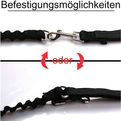 Black dog leash with metal clip on a white background, showing two attachment methods.