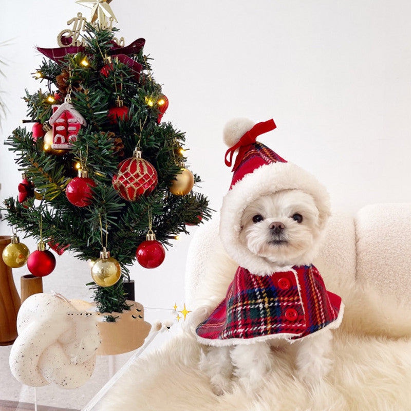 Dog in a Santa hat and plaid scarf sitting next to a decorated Christmas tree.