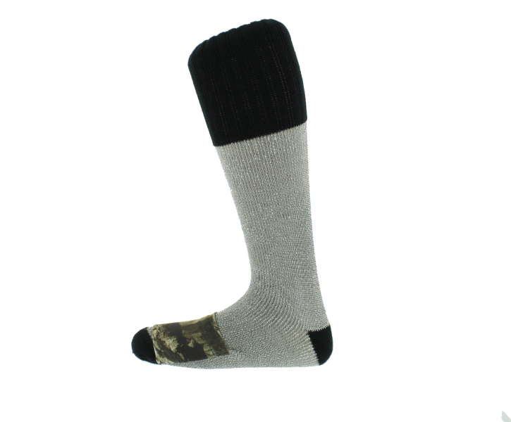 Rotating Heat Factory gray acrylic heated sock with black cuff and camouflage toe warmer pocket
