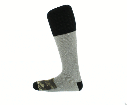 Rotating Heat Factory gray acrylic heated sock with black cuff and camouflage toe warmer pocket